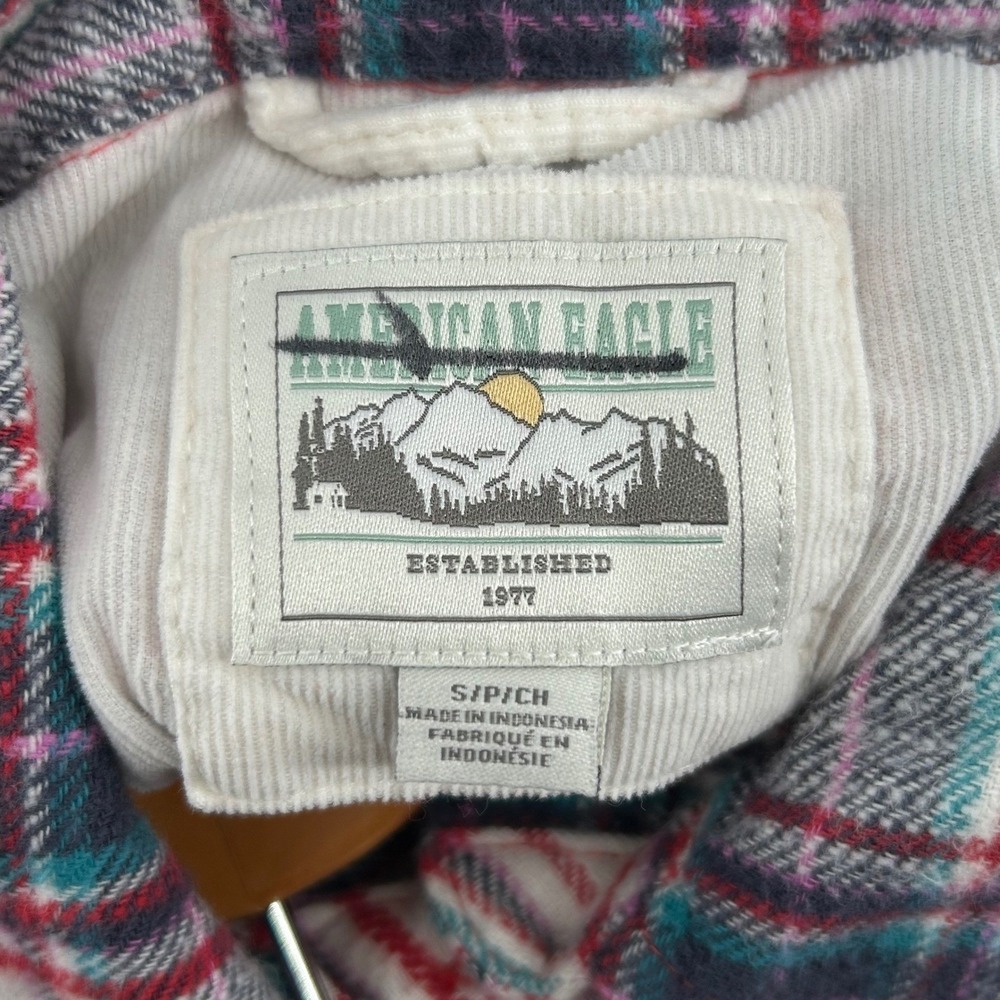 American Eagle Flannel Shirt Womens Small Red White Mixed Plaid Relaxed Grunge - Picture 3 of 10